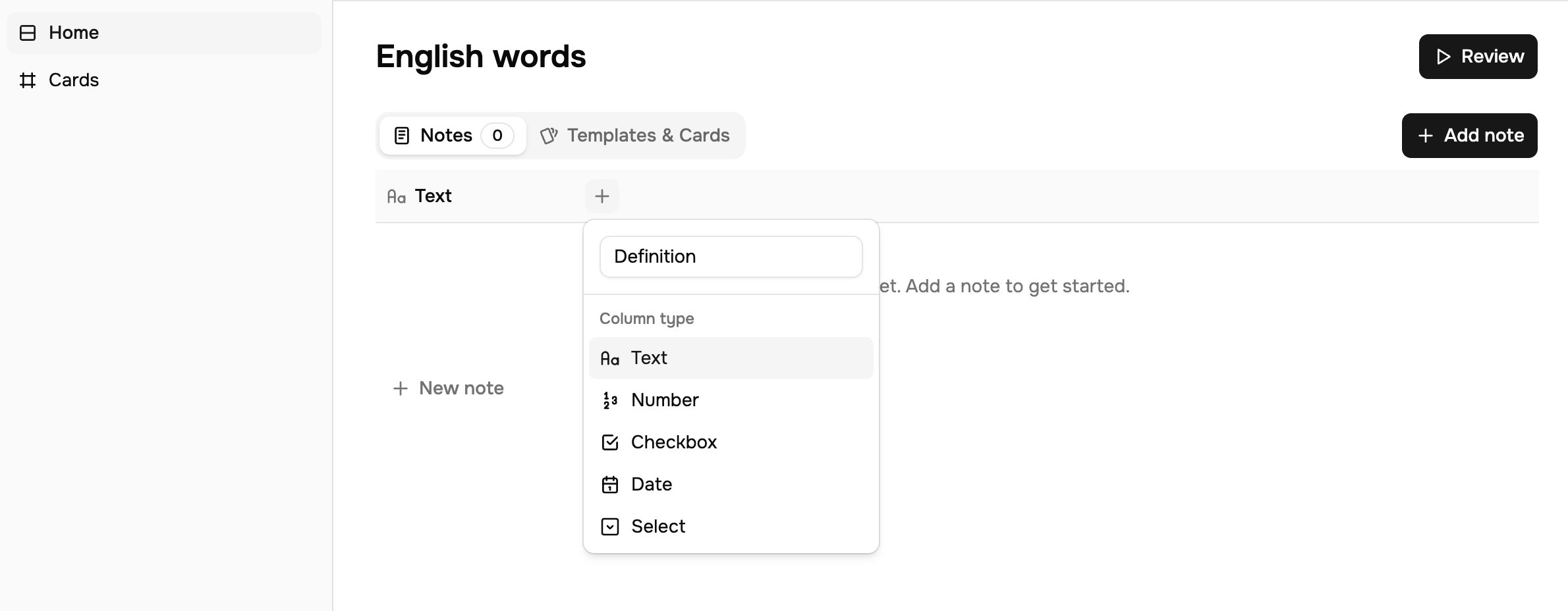 The Add column control in the Notebase detail page